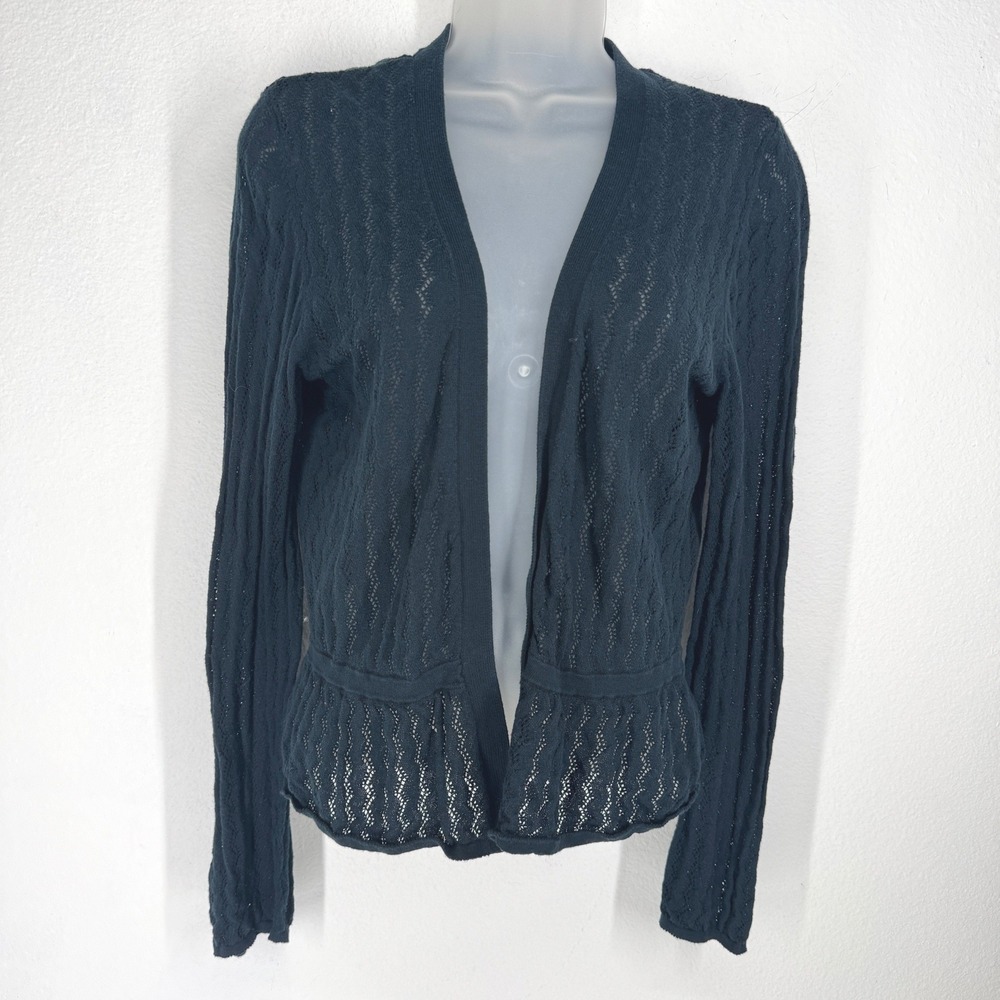 Apt 9 Black Cotton Pointelle Crochet Open Front Peplum Cardigan Sweater Size L